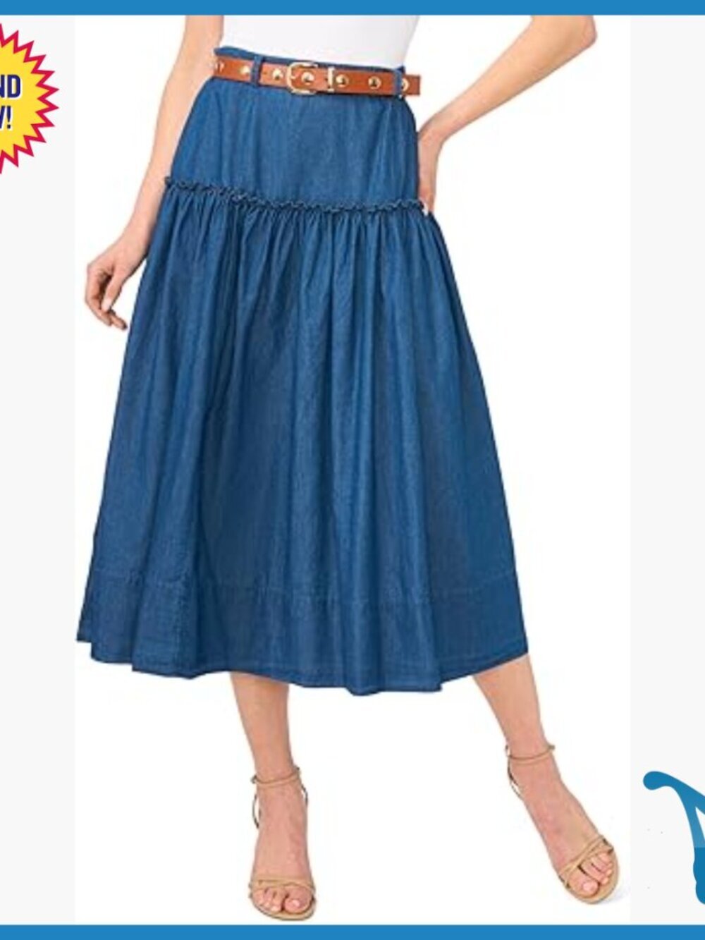 Denim Midi Circle Skirt with Belt, Versatile Workwear Style